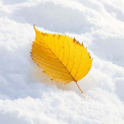 Yellow autumn leaf on snow