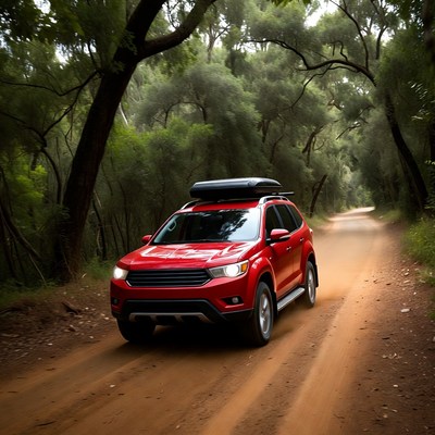Red SUV Driving Forest Dirt Road