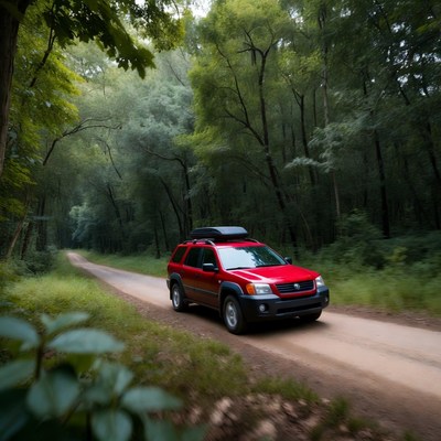Red SUV driving forest dirt road