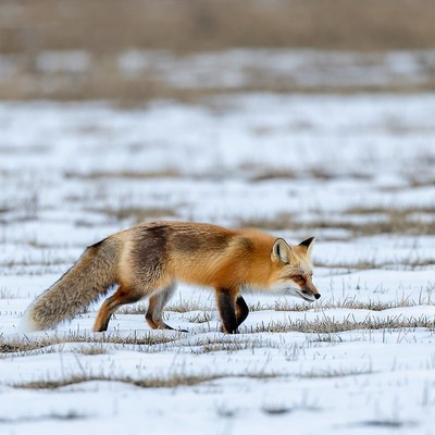 Red fox walking in snowy field