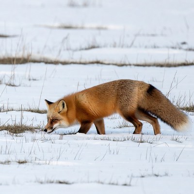 Red fox walking in snowy field