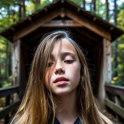 Girl standing in wooden forest bridge shelter