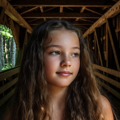 Girl smiling in wooden covered bridge