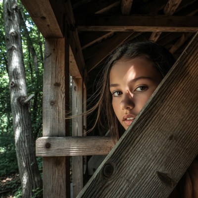 Young woman peeking from wooden shelter