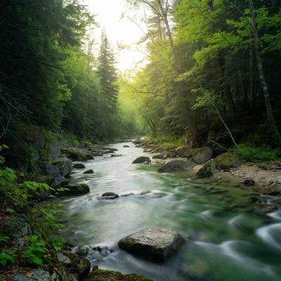 Forest River Flowing Through Green Trees