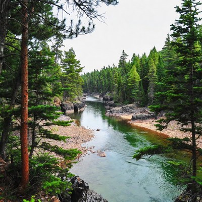 River flowing through pine forest