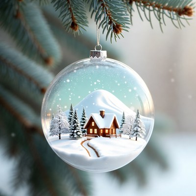 Snowy Cabin in Glass Christmas Ornament
