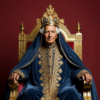Elderly man wearing crown on throne
