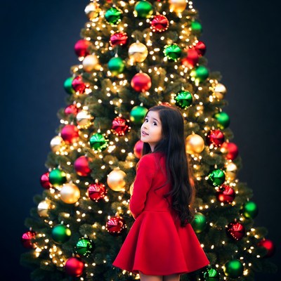Asian girl in red dress before Christmas tree