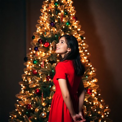 Woman in red dress by Christmas tree