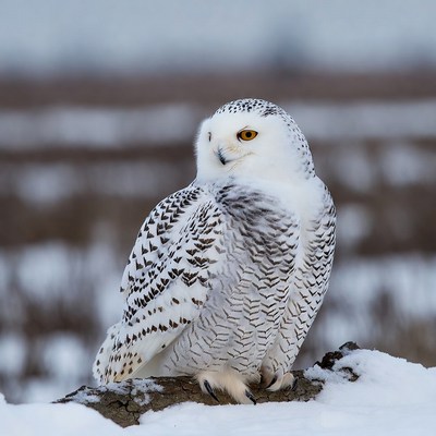 Snowy Owl Perched on Snowy Log