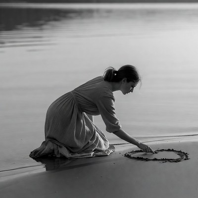 Woman drawing heart on beach