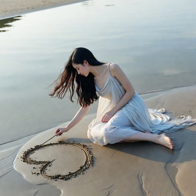 Asian woman drawing heart on beach