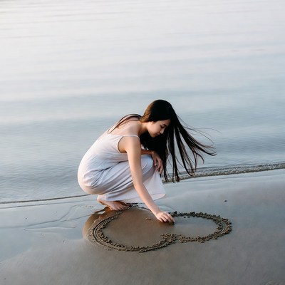 Asian woman drawing heart sand beach