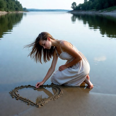 Woman drawing heart in sand by lake