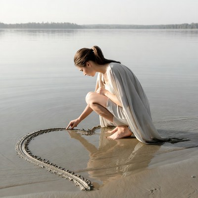 Woman drawing heart in sand by lake