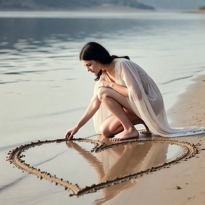 Woman drawing heart in sand by lake