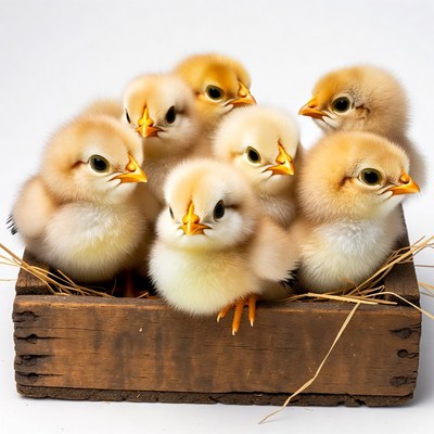 Cute baby chicks in wooden nest