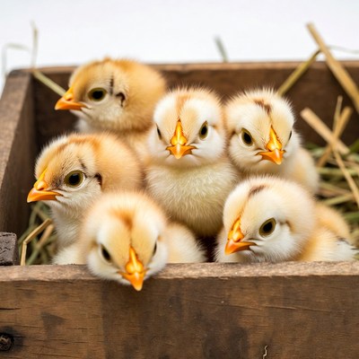 Cute baby chicks in wooden box