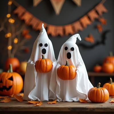 Two Ghosts Holding Pumpkins