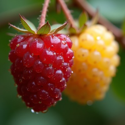 Red and Yellow Raspberries on Stem