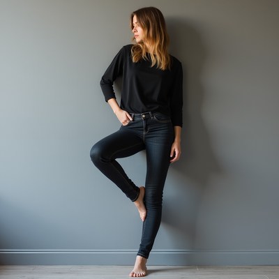 Woman posing against gray wall