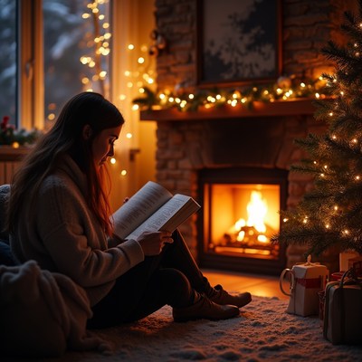 Woman reading book by Christmas fireplace