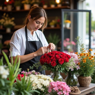 Woman arranging red roses in flower shop