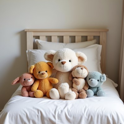 Colorful teddy bears on bed
