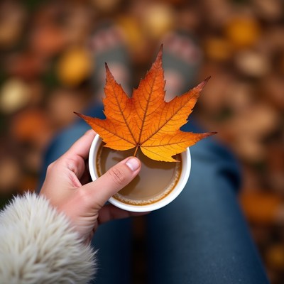 Woman holding coffee cup with autumn leaf