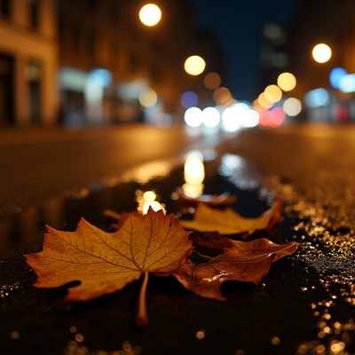 Fall Leaves on Wet Night Street