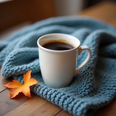 Coffee cup on blue blanket with autumn leaf