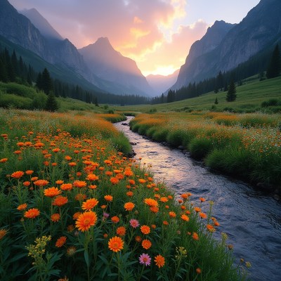 Sunset over river in orange flower valley