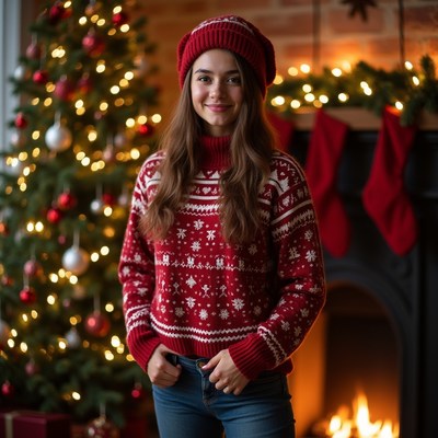 Smiling girl in red sweater by Christmas tree