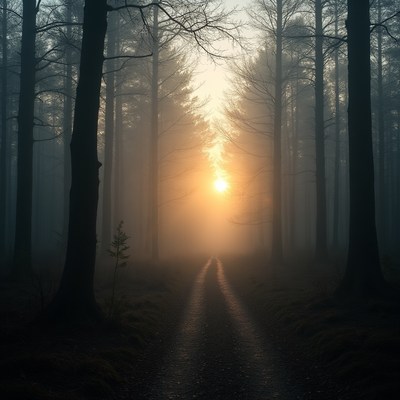 Foggy Forest Path with Sunrise