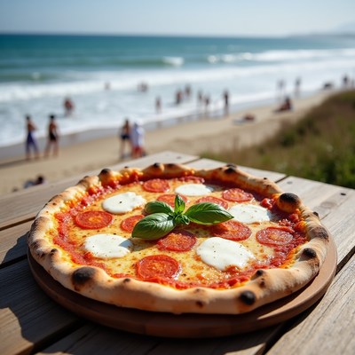 Margherita Pizza on Beach Table