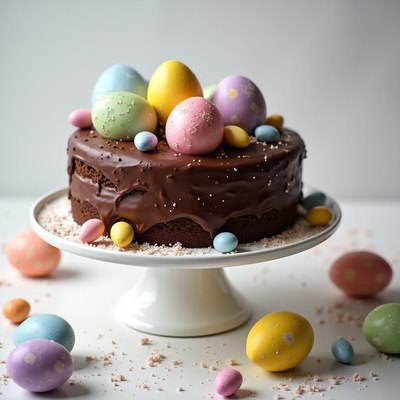 Chocolate Easter Cake with Colored Eggs
