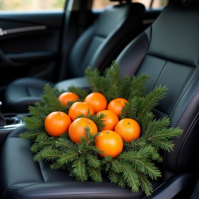 Oranges and Fir Branches in Car Seat