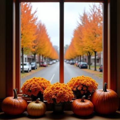 Autumn Street View Through Window with Pumpkins