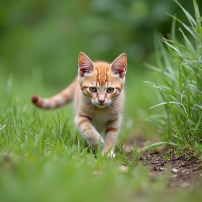 Orange kitten walking in grass