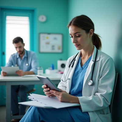 Female doctor reviewing documents with male colleague