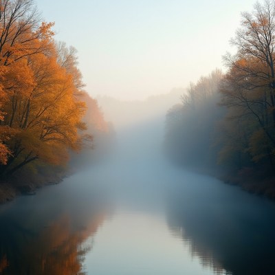 Misty Autumn River with Orange Trees