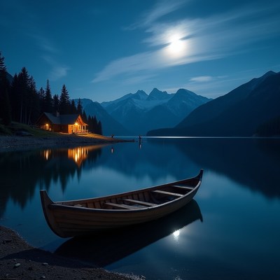 Cabin by Lake with Canoe under Moonlight