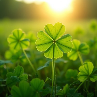 Four-leaf clover in green field sunset