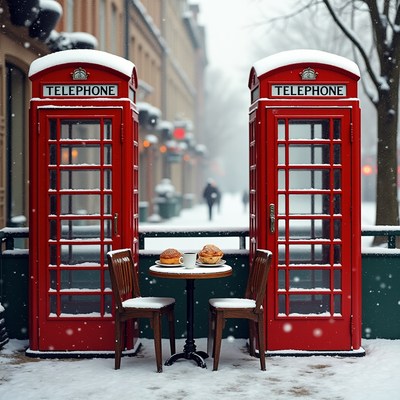 Red Phone Booths with Cafe Table in Snow
