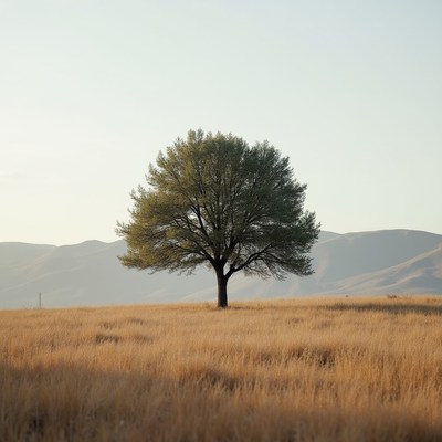Lone Tree in Golden Grass Field