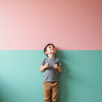 Boy looking up against pink green wall