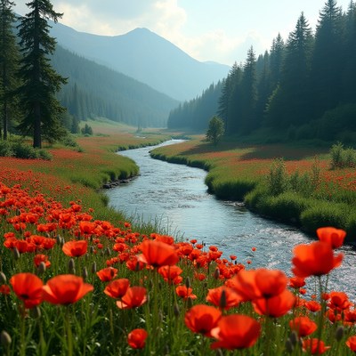 Red Poppy Field Along Mountain River