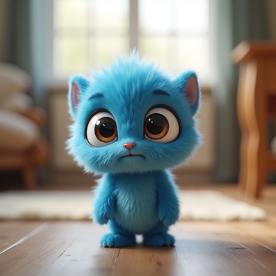 Cute blue fluffy kitten standing indoors