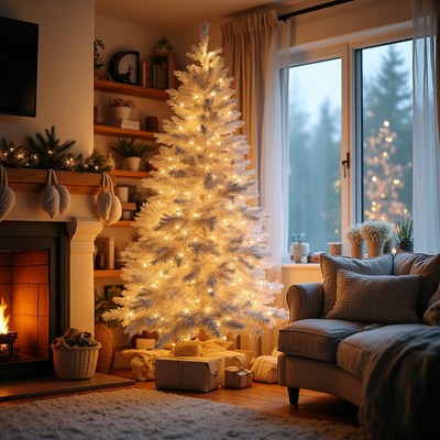 Lit White Christmas Tree by Fireplace